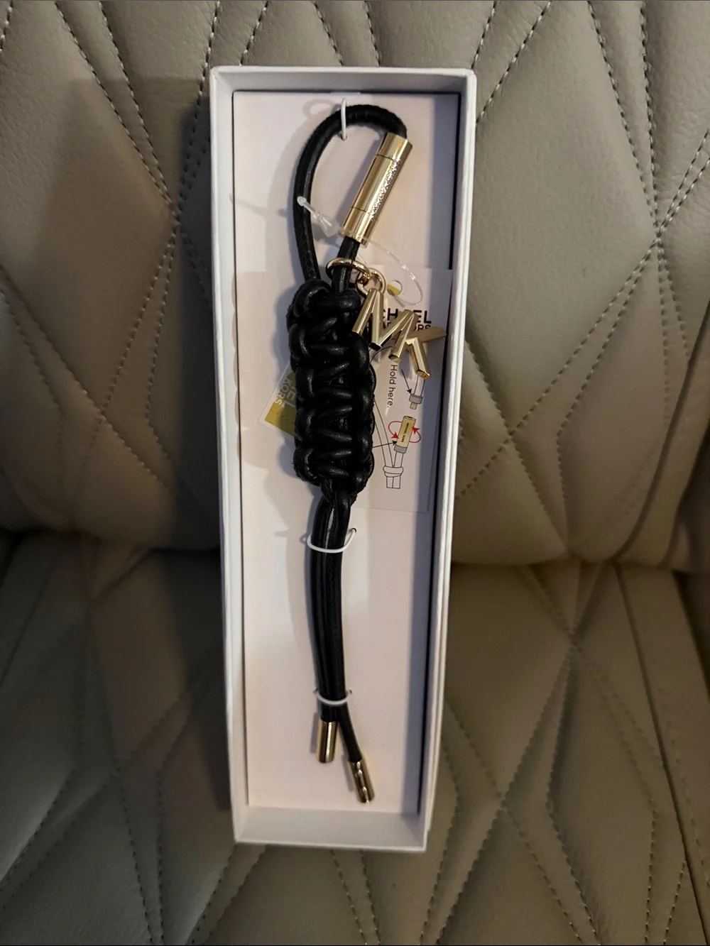 Michael Kors Black Braided Leather Key & Card Holder with Gold MK Charm